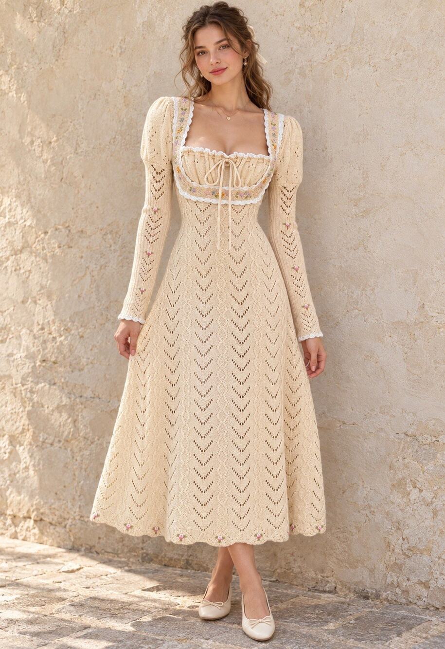 Lacemade Cream Corn Knit Dress Sz S Crochet Wool Blend Cottagecore Coquette Prai